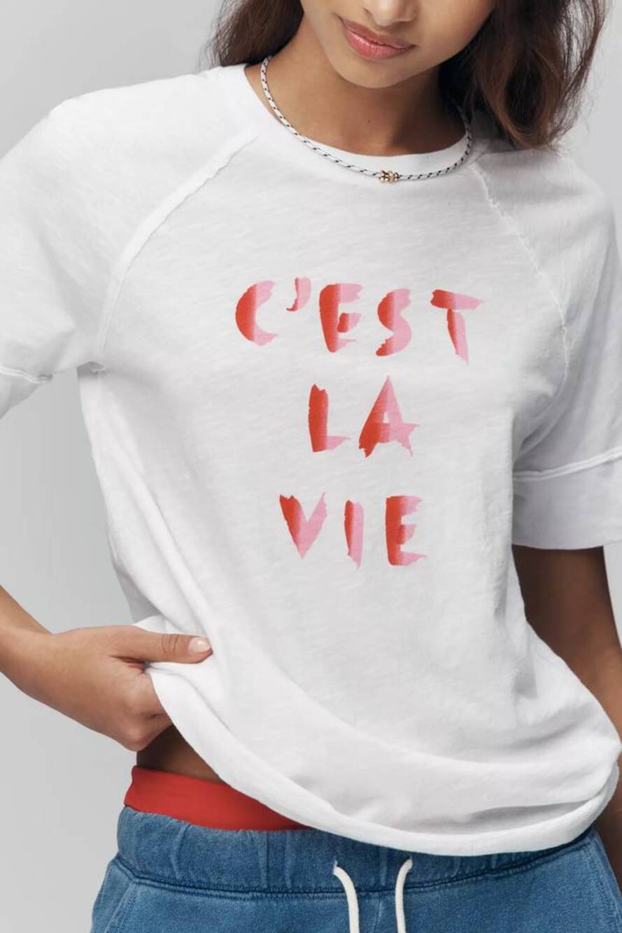 SUNDRY C'est La Vie Boyfriend Graphic Tee Optic White S NWT Elevated Basics